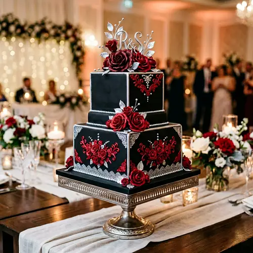 Black and Red Two Layer Square Cake with Silver
