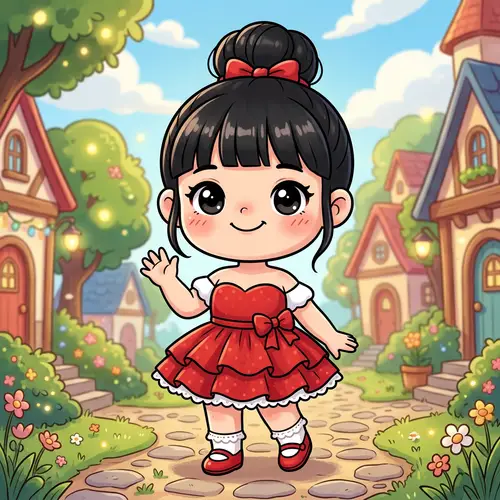 Cute Chibi Mascot in Red Dress - Adorable Character Art