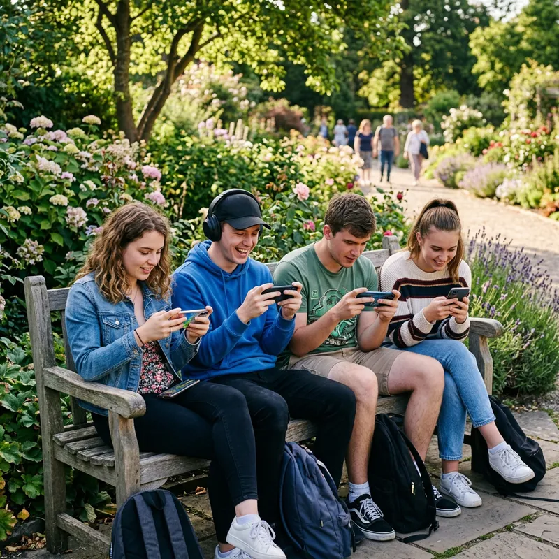 People Gaming on Mobile in a Garden People Gaming on Mobile in a Garden