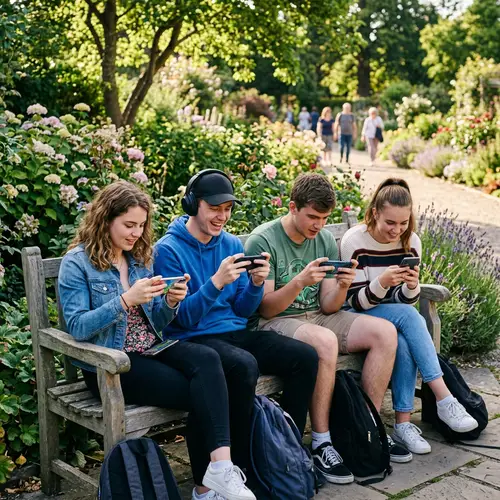 People Gaming on Mobile in a Garden