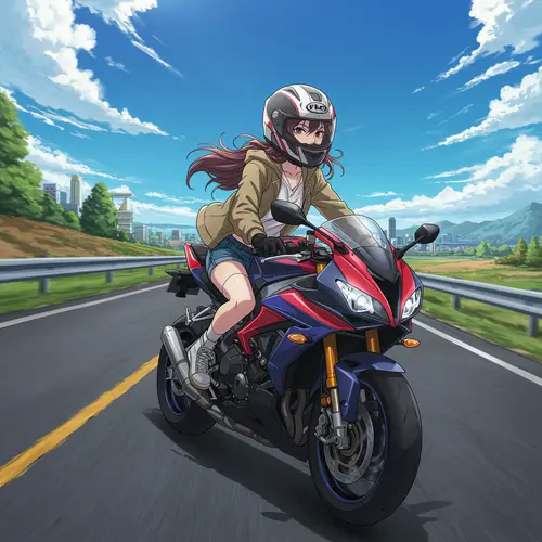 Confident Girl on Motorcycle - Anime Art