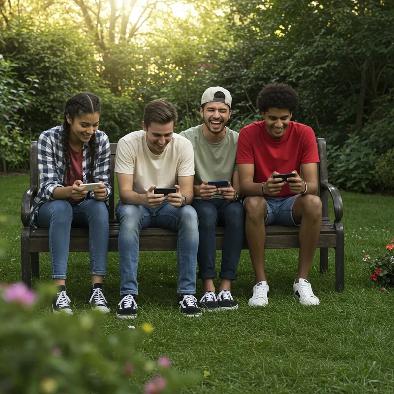 People Gaming on Mobile in a Garden