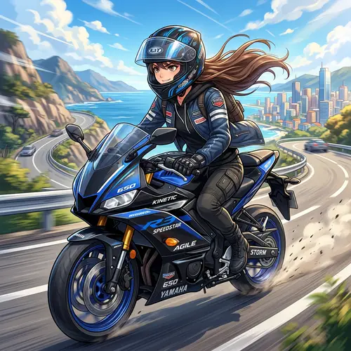Confident Girl on Motorcycle - Anime Art