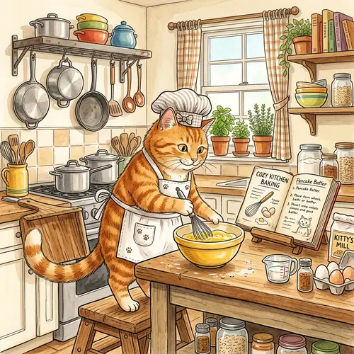 Diverse Gendered Orange Tabby Cat Chef in Cozy Kitchen