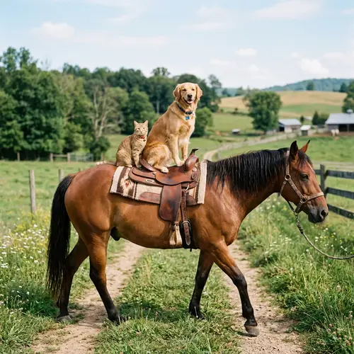 Cat & Dog Riding on Horse
