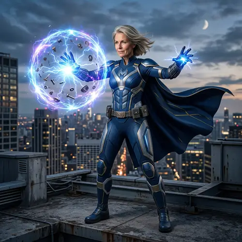 Middle-Aged Superheroine with Magnetic Sphere Superpower