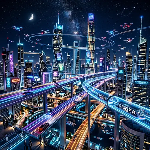 Futuristic Cityscape: Neon Lights, Skyscrapers, Levitating Cars