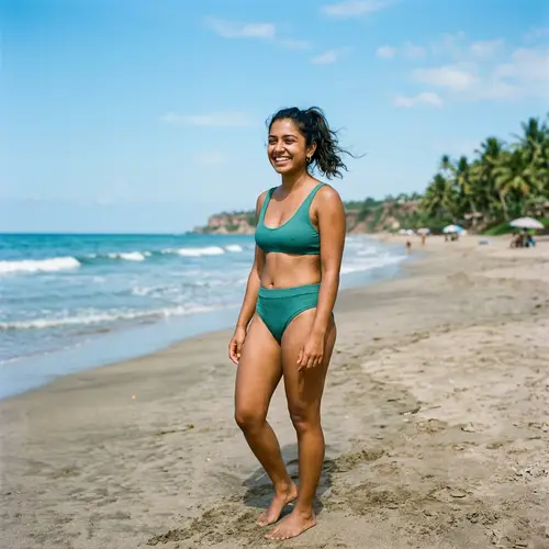 Bikini-Clad South Asian Woman on Sandy Beach | Beachwear Fashion