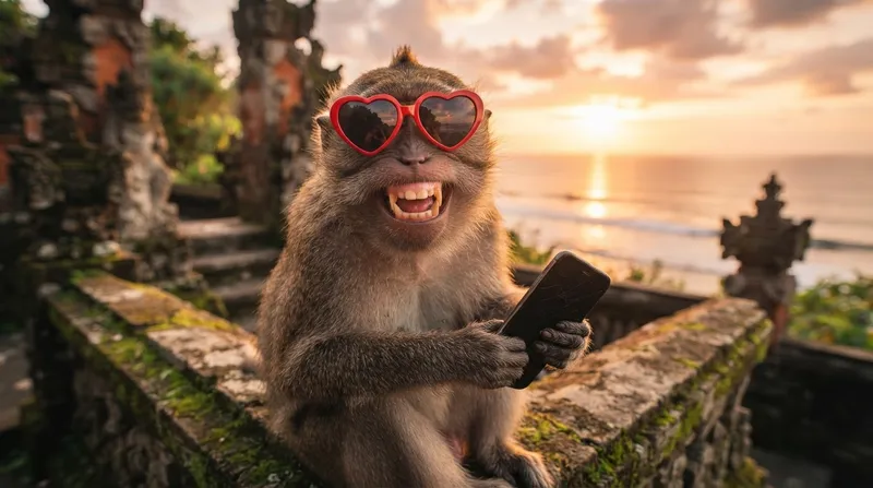 Funny Balinese Monkey with Sunglasses at Sunset Funny Balinese Monkey with Sunglasses at Sunset