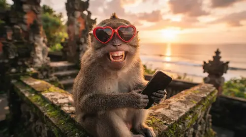 Funny Balinese Monkey with Sunglasses at Sunset