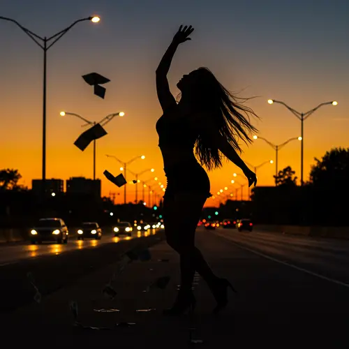 Beautiful Woman Dancing Silhouette with Cars & Bills