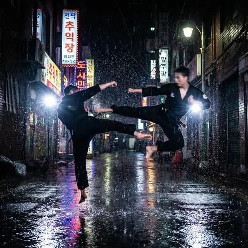 Epic Martial Arts Duel in Rain-Soaked Alley