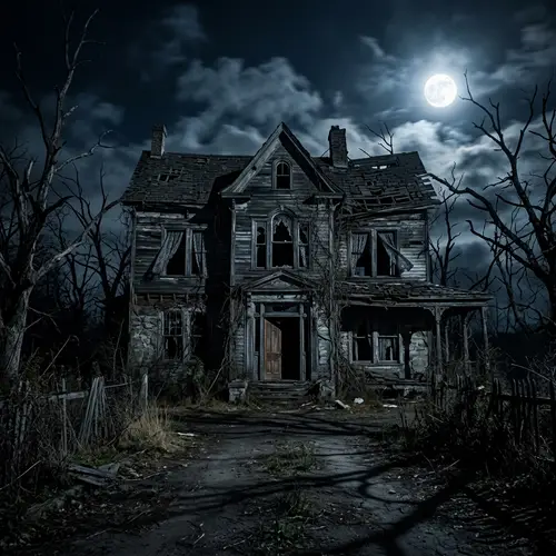 Eerie Abandoned Haunted House in Moonlit Night