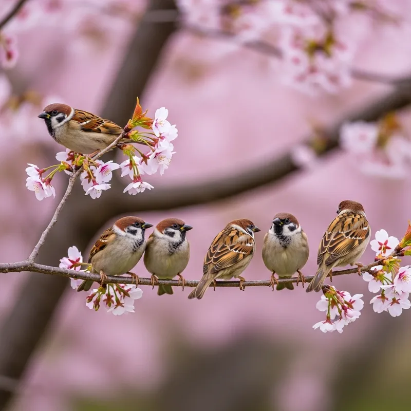 Five Birds on a Branch - Nature's Beauty