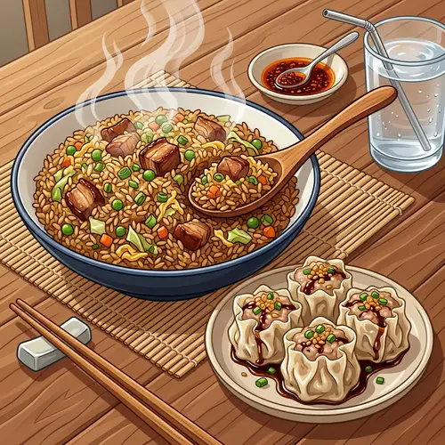 Hearty Pork Chao Fan Meal with Siomai Vector
