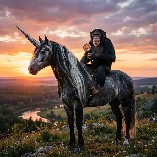 Playful Chimpanzee with Colorful Lollipop on Monochromatic Unicorn