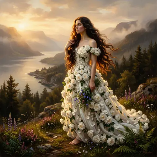 Digital Painting: Thoughtful Young Norwegian Woman in White Rose Dress