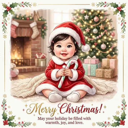 Festive Christmas Greetings Card with Adorable Asian Baby Girl