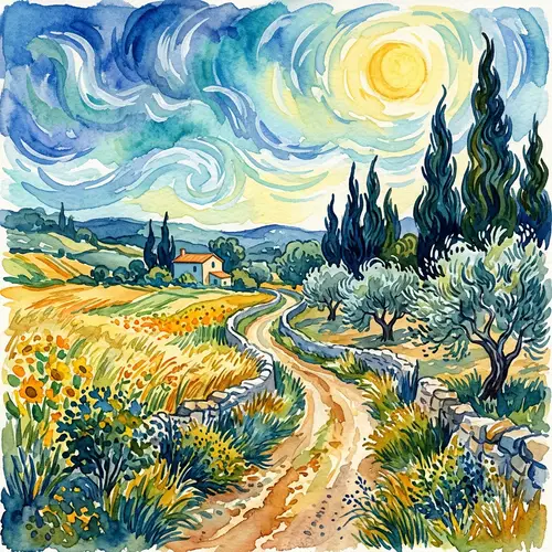 Vincent Van Gogh's Country Road Watercolor Painting