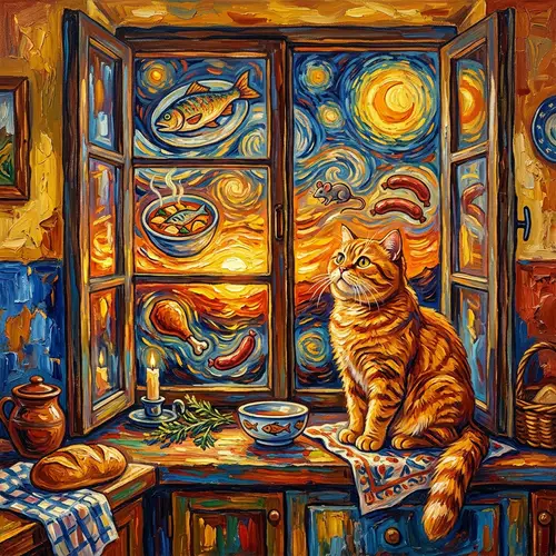Charming Orange British Cat in Kitchen - Vincent van Gogh Style