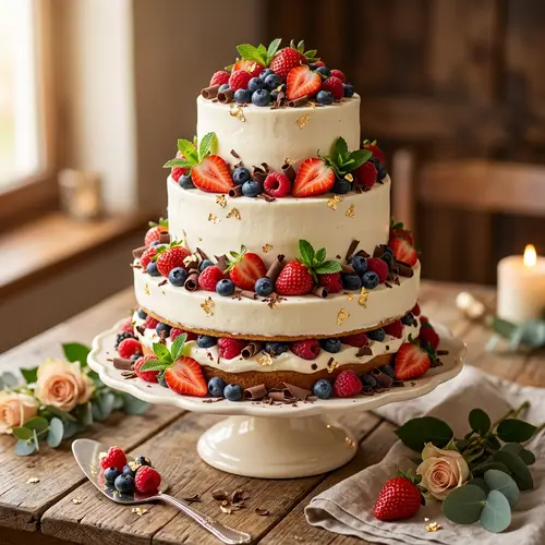 Gourmet Celebration Cake with Fresh Berries & Gold Flakes