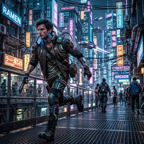 Dynamic Cyberpunk Cityscape: Young Man in Futuristic Setting