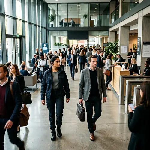 Female Bodyguard Protecting Male Client in Modern Office Lobby