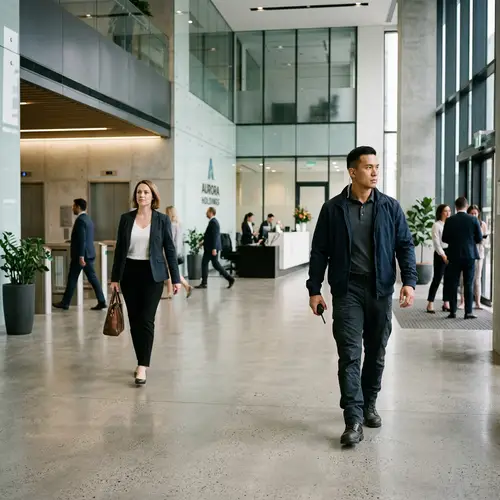 Professional Male Bodyguard Safeguarding a Female Client in an Office Building