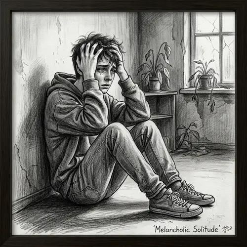 Melancholic Solitude: Heartbreaking Artwork of Teen in Emotional Crisis