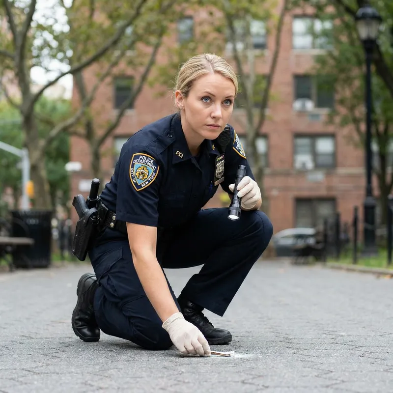 Blonde Female Police Officer, Blue Shirt, Kneeling