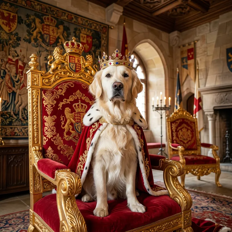 Regal White Golden Retriever on Throne