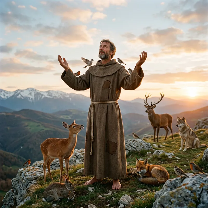 Saint Francis of Assisi on a Mountain - A Serene Moment with Animals Saint Francis of Assisi on a Mountain - A Serene Moment with Animals