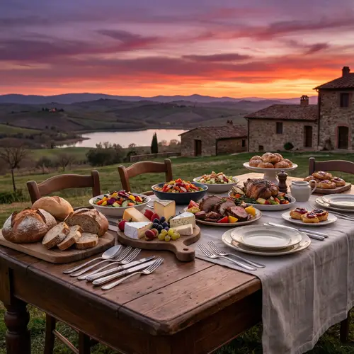 Beautiful Culinary Scene with Fresh Fruits, Artisan Breads & Gourmet Dishes