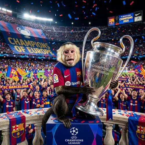Monkey in Barcelona Jersey with UEFA Champions League