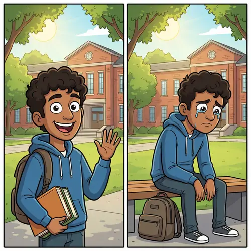 South Asian Male Student Cartoon - Happy & Sad Illustrations