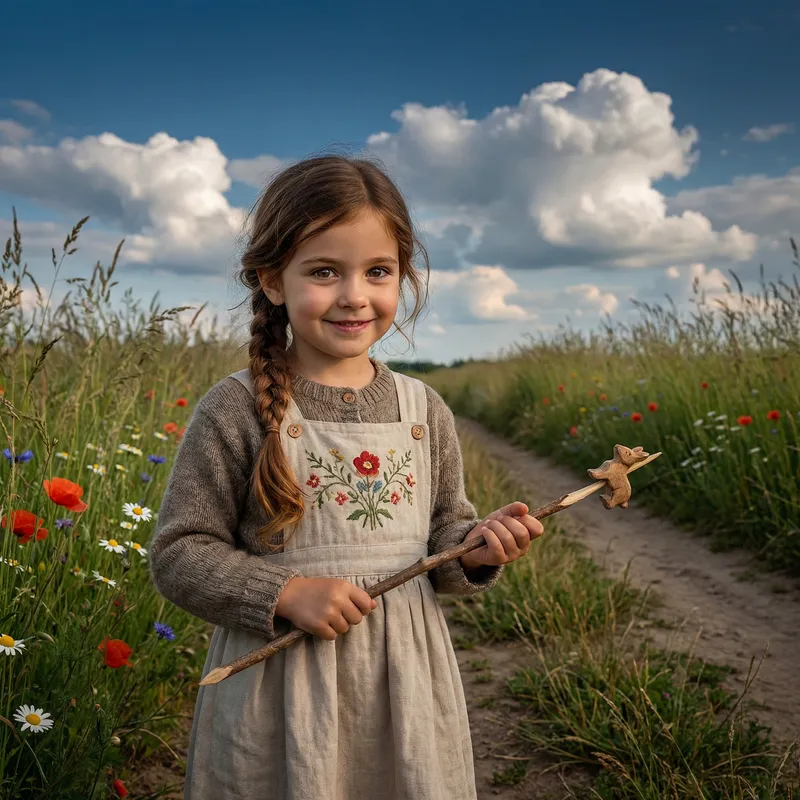 Artistic Skoof Girl in Countryside: Chestnut-haired Young Girl with Wooden Skewer