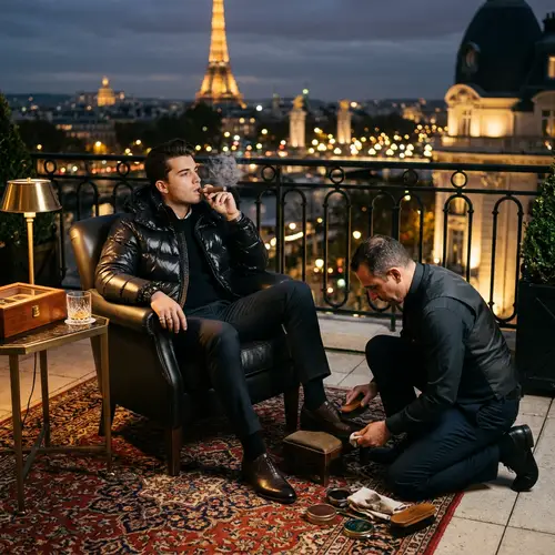 Rich Young Man in Glossy Black Puffer Jacket