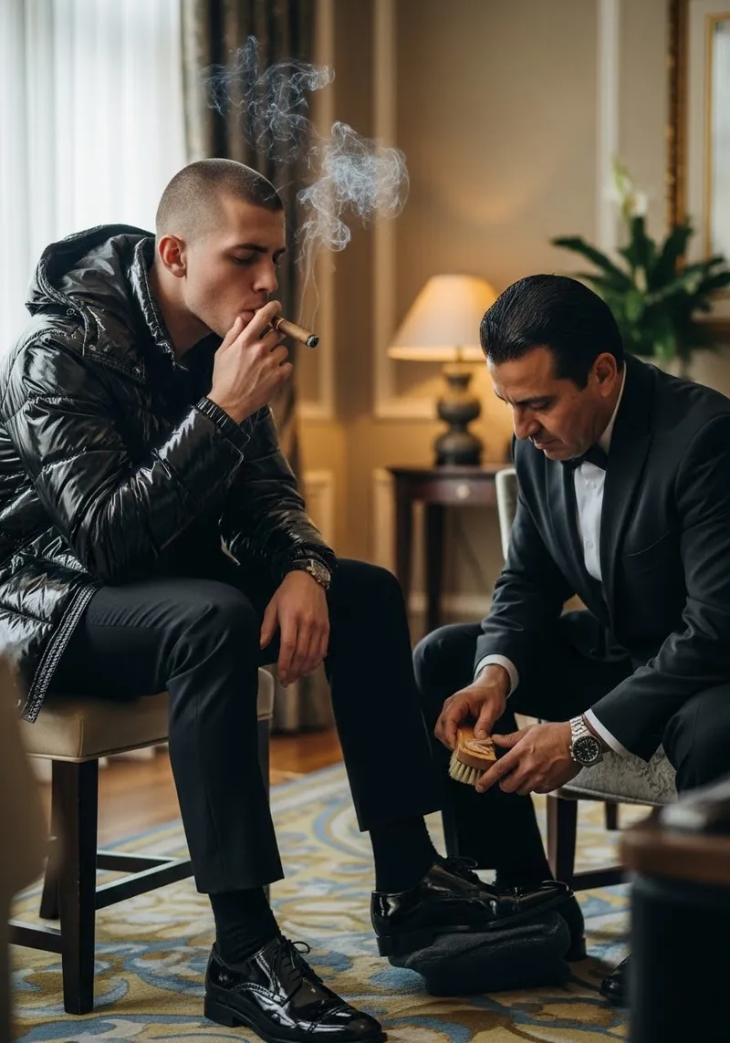 Rich Young Man in Glossy Black Puffer Jacket