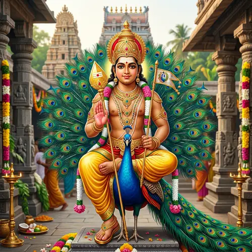 Lord Subramanya on Vibrant Peacock | Divine Spear, Blessing