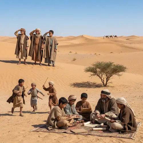 Diverse Young Boys in the Desert: Islamic Era Activities
