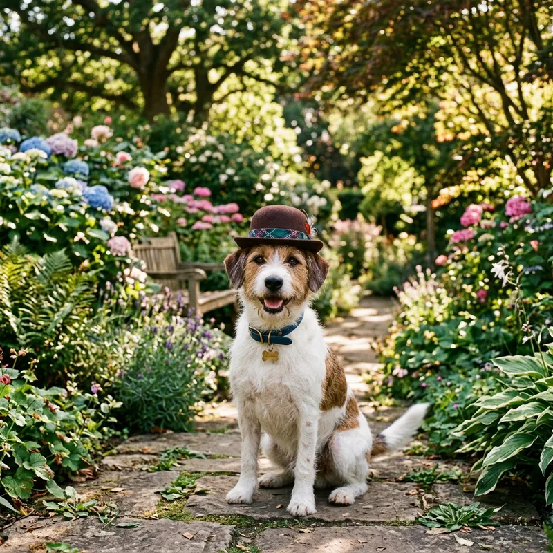 Adorable Dog with a Whimsical Hat in a Garden Adorable Dog with a Whimsical Hat in a Garden