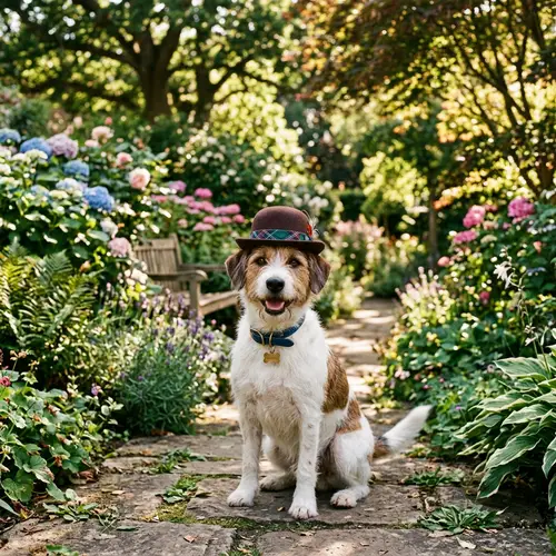 Adorable Dog with a Whimsical Hat in a Garden