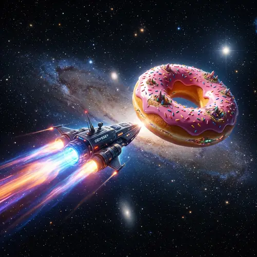 Space Vehicle Approaching Sugary Doughnut Planet | Stellar Exploration