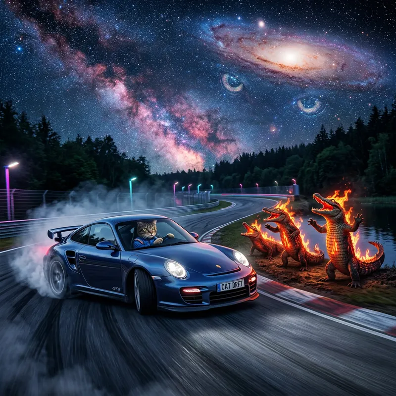 Cat Drifting in Porsche GT2 with Surprised Flaming Crocodiles