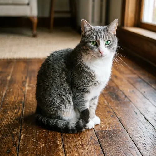 Realistic Portrait of Domestic Cat on Wooden Floor