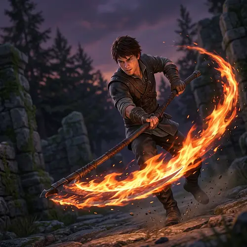 Flaming Scythe Wielding Young Man Slashing Downwards