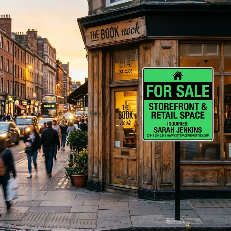 Bright Green Spotify-Styled 'For Sale' Sign in City Street Bright Green Spotify-Styled 'For Sale' Sign in City Street