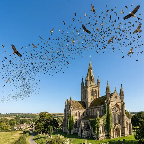 Majestic Birds Soar Above Medieval Church | Nature Spectacle