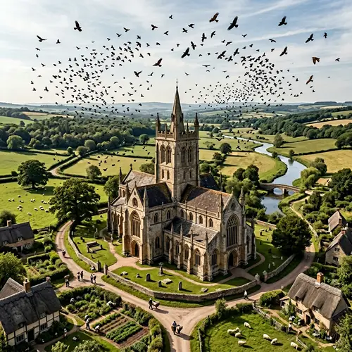 Awe-Inspiring Medieval Church Surrounded by Soaring Birds