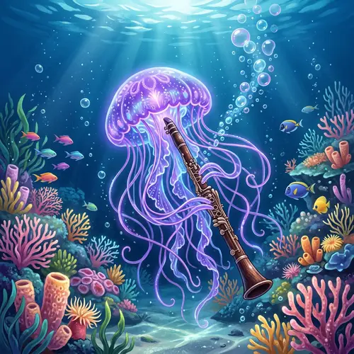 Vibrant Purple Jellyfish Playing Clarinet Underwater